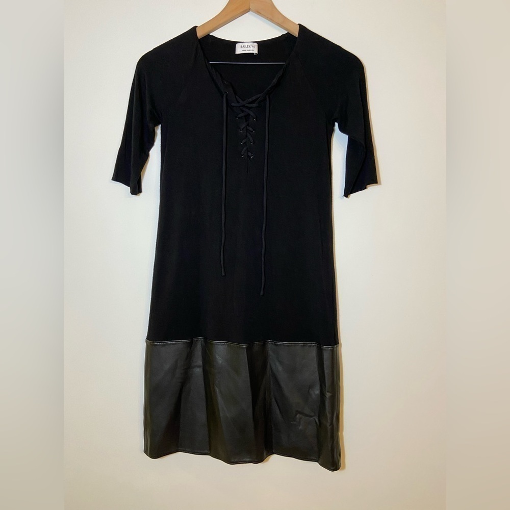 WOMEN'S BAILEY 44 Sz XS Black Lace Up Front Faux Leather Trim Dress